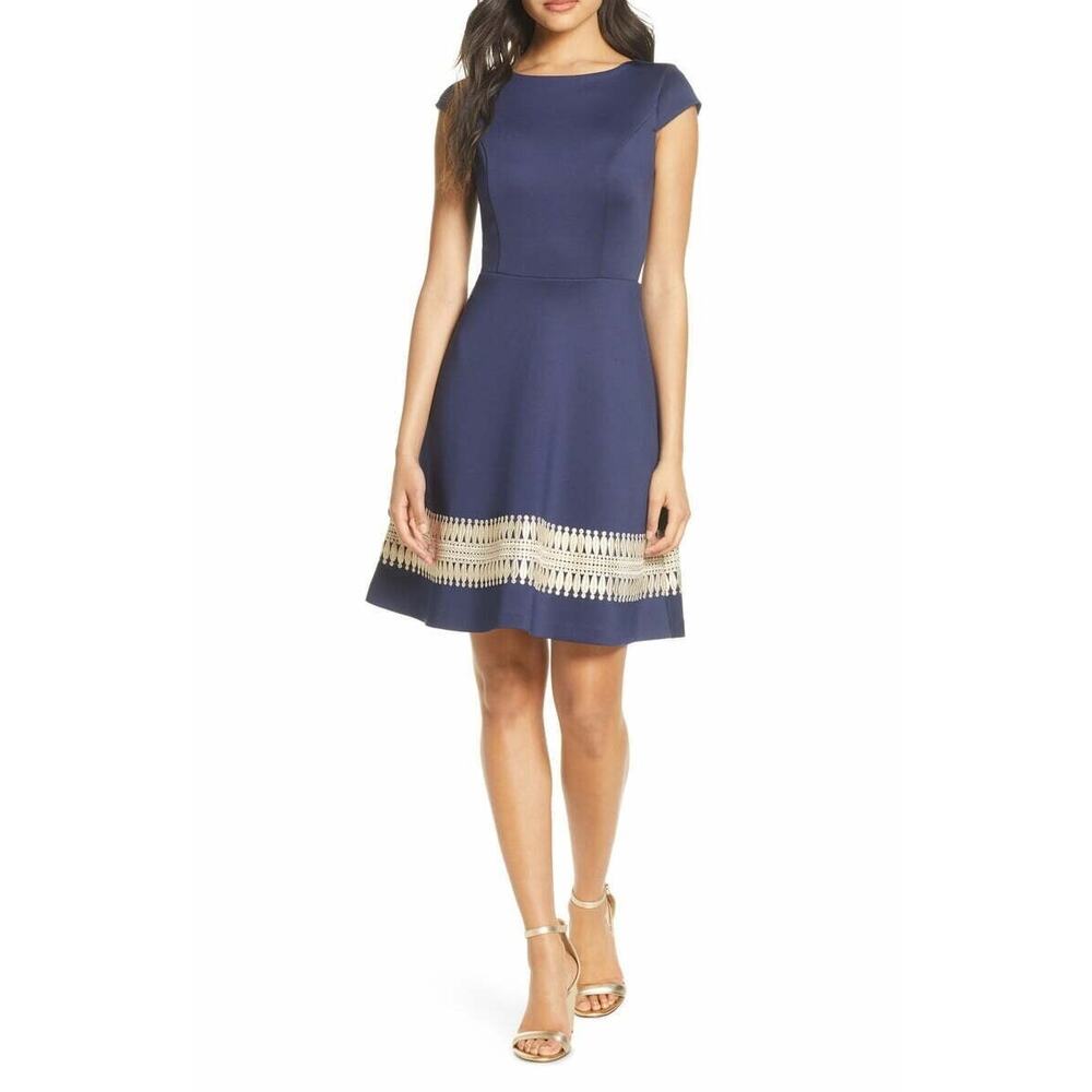 Lilly Pulitzer Klara Dress Navy Blue Gold Metallic Applique Fit Flare Cap Sleeve